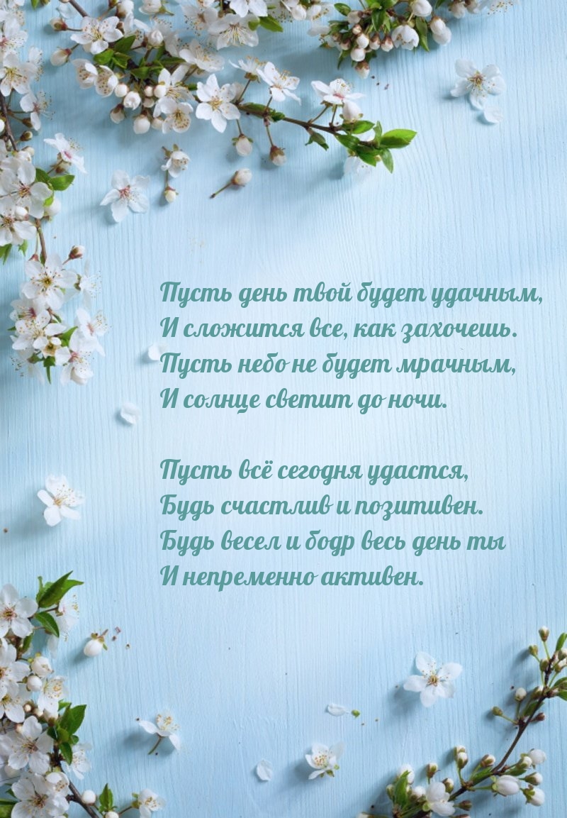Пусть день твой будет удачным, и сложится все, как захочешь.