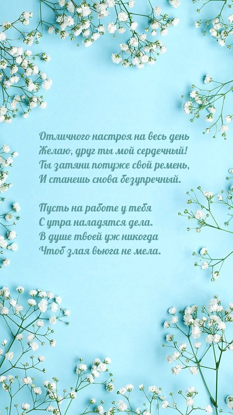 Отличного настроя на весь день желаю, друг ты мой сердечный!